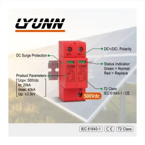 DC SPD 500V 2P 20KA 40kA T2 Surge Protector Device PBT Material Solar PV DC Surge Protection