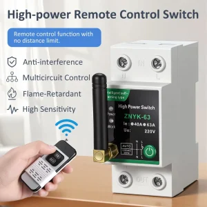 DIN Rail High Power RF Remote Control Switch Smart Wireless 1000m Range 63A 220V AC ON/OFF Control Circuit Breaker