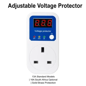 Digital Display Plastic Voltage Surge Protector Socket 13A Adjustable Threshold Delay Restart BS EU Standard 2860W MAX
