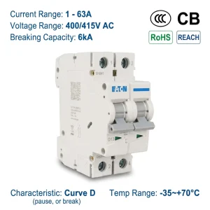 E6 Series E6-16/2/D 16A 2P 400V 6kA D Curve Miniature Circuit Breaker MCB