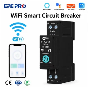 EPEPRO Tuya Smart Mini 1P 63A 110V 220V Wifi MCB Circuit Breaker Remote Control Timer 6ka Over Under Voltage Over Current