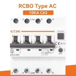 ETEK AC 3PN RCBO 63A Curve C Breaker Protection Devices Three Phase Circuit Disjuntor 10ka EKL5 Residual Current Corrente DIN