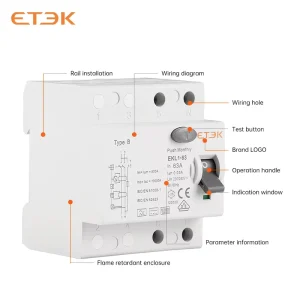 ETEK EKL1 63 2P 63A Type B RCCB 10KA Breaking Capacity DIN Rail Li Protection Circuit Breaker