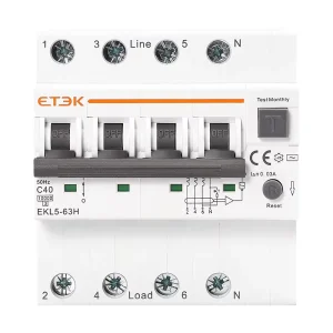 ETEK RCBO Residual Circuit Breaker Current Leakage Protection Type AC 4P 63A 30mA 10kA Breaking Capacity IEC EN60947 3 Standard