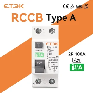 ETEK Type A RCCB Electromechanic Residual Current Circuit Breaker Device RCD Leakage Protection 2P(1P+N) 16 100A 30mA EKL6