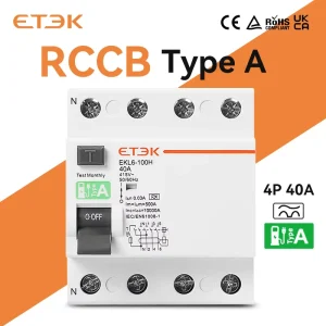 ETEK Type A Residual Current Circuit Breaker for Civil House 30 100 300mA RCCB 40A 4P EKL6 100H 10kA 500V