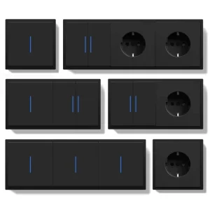 EU Black Plastic Panel Electric Power Universal USB Ports Double Pole 4 Way Outlets Large Push Button Light Wall Socket