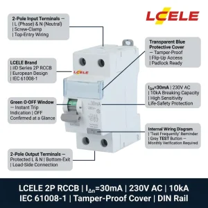 Earth Leakage Circuit Breaker RCBO 63A 2P 6kA Copper Industrial with MCCB RCCB