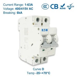 Eaton E6 Series E6 32 2 D 32A 2P 400V 6kA D Curve CE CCC ISO Miniature Circuit Breaker MCB for CNC Industrial Equipment Power
