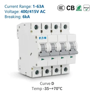 Eaton E6 Series E6 40 4 D 40A 4P 400V 6kA D Curve CE CCC Miniature Circuit Breaker MCB for Data Center Power Distribution