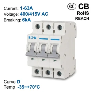 Eaton E6 Series E6 63 3 D 63A 3P 400V 6kA D Curve CE CCC ISO Miniature Circuit Breaker MCB for Motor Winding Protection