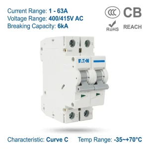 Eaton Moeller E6 Series E6 10 2 C 10A 2P C Curve CE CCC Miniature Circuit Breaker MCB for Commercial Building Distribution