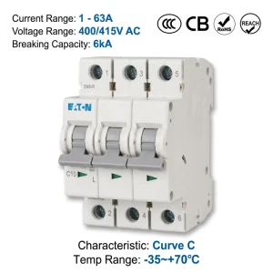 Eaton Moeller E6 Series E6 4 3 C 4A 3P 400V C Curve CE CCC ISO Miniature Circuit Breaker MCB MCCB for Industrial Distribution