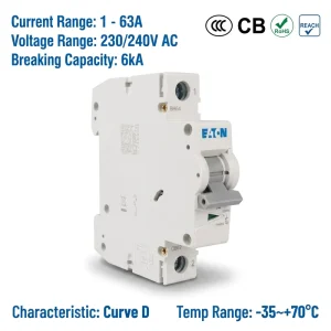 Eaton Moeller E6 Series E6 50 1 D 50A 1P 230V D Curve CE CCC ISO Miniature Circuit Breaker MCB for Power Distribution System