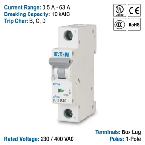 Eaton Moeller PL10 Series PL10 B40 40A 1P 10kA B Curve CE CCC ISO Miniature Circuit Breaker MCB for Commercial Socket Outlet