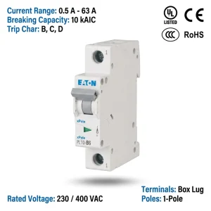 Eaton Moeller PL10 Series PL10 B6 6A 1P 10kA B Curve CE CCC ISO Miniature Circuit Breaker MCB for Precision Lighting Control