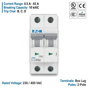 Eaton Moeller PL10 Series PL10 C10 2 10A 2P 10kA C Curve CE CCC ISO Miniature Circuit Breaker MCB for Industrial Power System