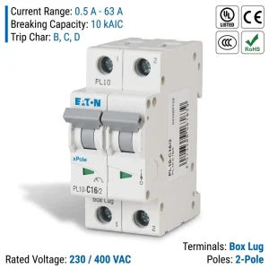 Eaton Moeller PL10 Series PL10 C16 2 16A 2P 10kA C CE CCC ISO Miniature Circuit Breaker MCB for Automation Control Panel