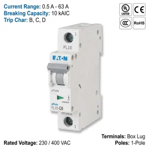 Eaton Moeller PL10 Series PL10 C6 6A 1P 10kA C Curve CE CCC ISO Miniature Circuit Breaker MCB for Industrial Instrument Panel