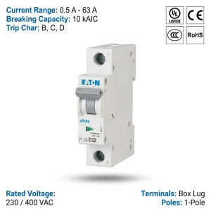 Eaton Moeller PL10 Series PL10 D32 32A 1P 10kA D Curve CE CCC ISO Miniature Circuit Breaker MCB for Heavy Motor Load Supply
