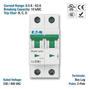 Eaton Moeller PL9 Series PL9 C16 2 16A 2P 6kA C Curve CE CCC ISO Miniature Circuit Breaker MCB for Industrial Power Control