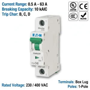 Eaton Moeller PL9 Series PL9 C40 40A 1P 6kA C Curve CE CCC Miniature Circuit Breaker MCB for HVAC Cooling Ventilation Power