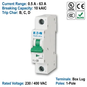 Eaton Moeller PL9 Series PL9 C6 6A 1P 6kA C Curve CE CCC ISO Miniature Circuit Breaker MCB for Residential Circuit Protection