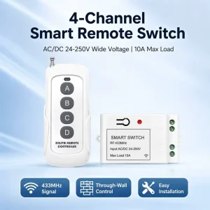 Four-Button 433 MHz RF 10A 220V Remote Control Smart Switch Controller Receiver for Smart Home System