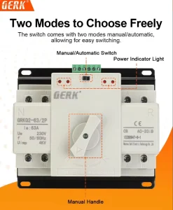 GERK Single Phase 2P 63A Dual Power Automatic Transfer Switch (CB Type) 4kA Breaking Capacity 220V 230V 50 60Hz 2 Year Warranty
