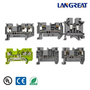 GUS Series DIN Rail Terminal Block Spring Cage Push In Ground & Feed Through 1.5 2.5 4 6 10mm² Grey Green Yellow UL CE