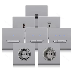 Grey Wall Reset Switch Plastic Panel USB Wall Socket Push Button LED Indicator Light Switch 2 Way EU FR Electrical Socket 220V