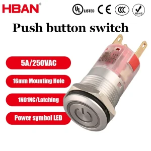 HBAN 16mm 5A 250V Ring Power Symbol LED Push Button Switch Latching Self-Locking Flat Head IP67 Nickel Plated Brass Push Switch