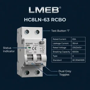 HC8LN-63 Type a RCBO 2P 10A to 63A 30mA Earth Leakage Circuit Breaker 6kA for Home Distribution Box