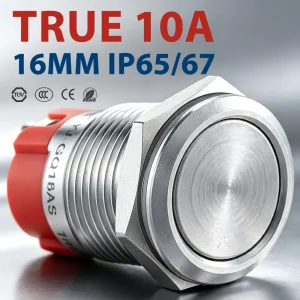 High Current Push Button Switches 16MM 10A 12v 1NO IP65 IP67 Waterproof Metal Non lighted Flat Head Screw Terminals Push Button