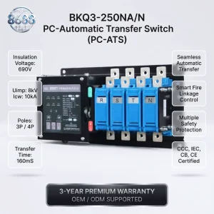 High Current Single Phase 3 4 Pole PC Class Automatic Transfer Switch (ATS) BKQ3 250NA/N for Hospitals Shopping Malls