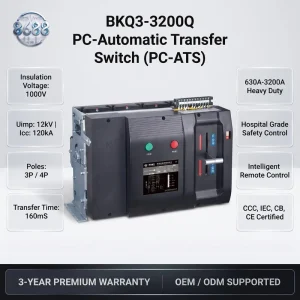 High Current Single Phase 3/4 Pole PC Class Automatic Transfer Switch BKQ3-3200Q Dual Power Changeover Switch for Hospitals