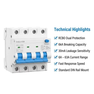 High Quality Miniature Circuit Breaker 2P 4P RCBO 25A 63A Rated Current 6KA Residual Current Circuit Breaker