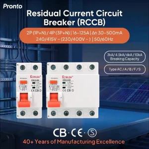 High Sensitivity 2 Pole 63A 6kA Breaking Capacity Residual Current Circuit Breaker KNL5-63 100mA Earth Leakage Industrial