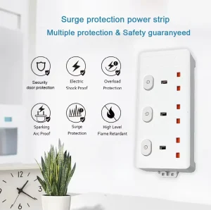 Home Office Flame Retardant UK 3 Outlets Extension Socket Surge Protection Power Strip with Individual Switches