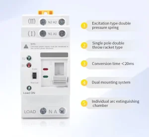 Industrial Automatic PC Transfer Switch 2P 63A 230V Single Phase 5kA Breaking Capacity Dual Power Changeover Switch