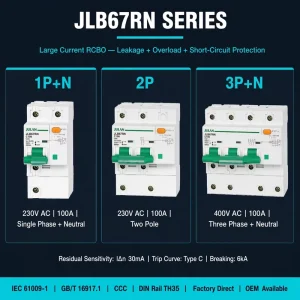 JLB67RN 100 RCBO 1P+N 2P 3P+N 4P 6A 125A 30 300mA Residual Current Circuit Breaker DIN Rail IEC61009 1