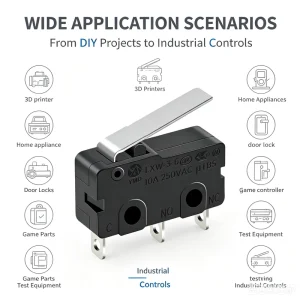 Long Lever Actuated Micro Limit Switch 5A 250VAC 3 Pin Silver Alloy Contacts 1 Million+ Cycles Snap Action IP21 3D Printers