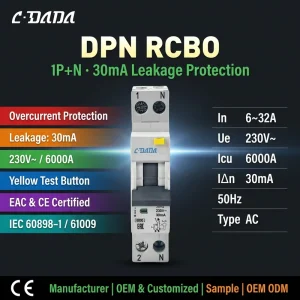 Low price 18MM DPN RCBO 32A 1P+N 6KA Residual Current Circuit Breaker with Over Current and Leakage protection For Industrial