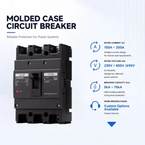 MCCB 3P 4P 100A-250A 20-70KA Breaking Capacity Thermal-Magnetic Molded Case Circuit Breaker