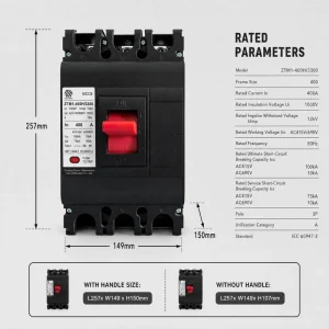 MCCB Moulded Case Circuit Breaker 400A 3P 4P 100kA Breaking Capacity ZTM1 400H Thermal Magnetic Protector IEC60947 2