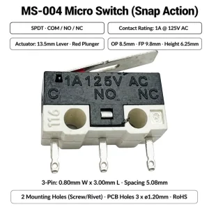MS-004 Micro Switch SPDT 3 Pin 13.5mm Long Lever Actuator 1A 125V AC COM-NO-NC Snap Action with Mounting Holes Metal Plastic