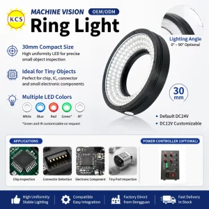 Machine Vision Ring Light 30mm DC24V White Blue Red LED Illuminator 0-90 Degree for Electronics Chip Inspection