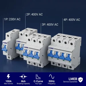 Miniature Circuit Breaker 4P 16A 32A 63A 100A AC Miniature Air Switch 25A Rated Current 5 Year Warranty 6ka DIN Rail MCB Type
