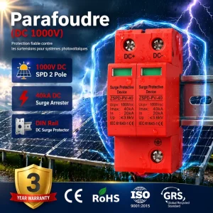 Modular 2 Pole T1 DC Surge Protector 1000V 40kA SPD Arrester PV 40 for Off Grid Solar Inverters and Industrial Safety