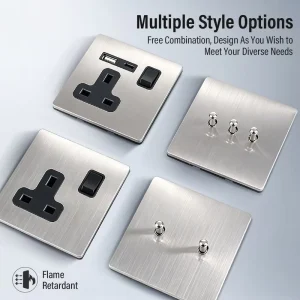 Multifunctional European/British-Style Toggle Brushed silver Stainless Steel Wall Switches USB Type-C Outlets Socket
